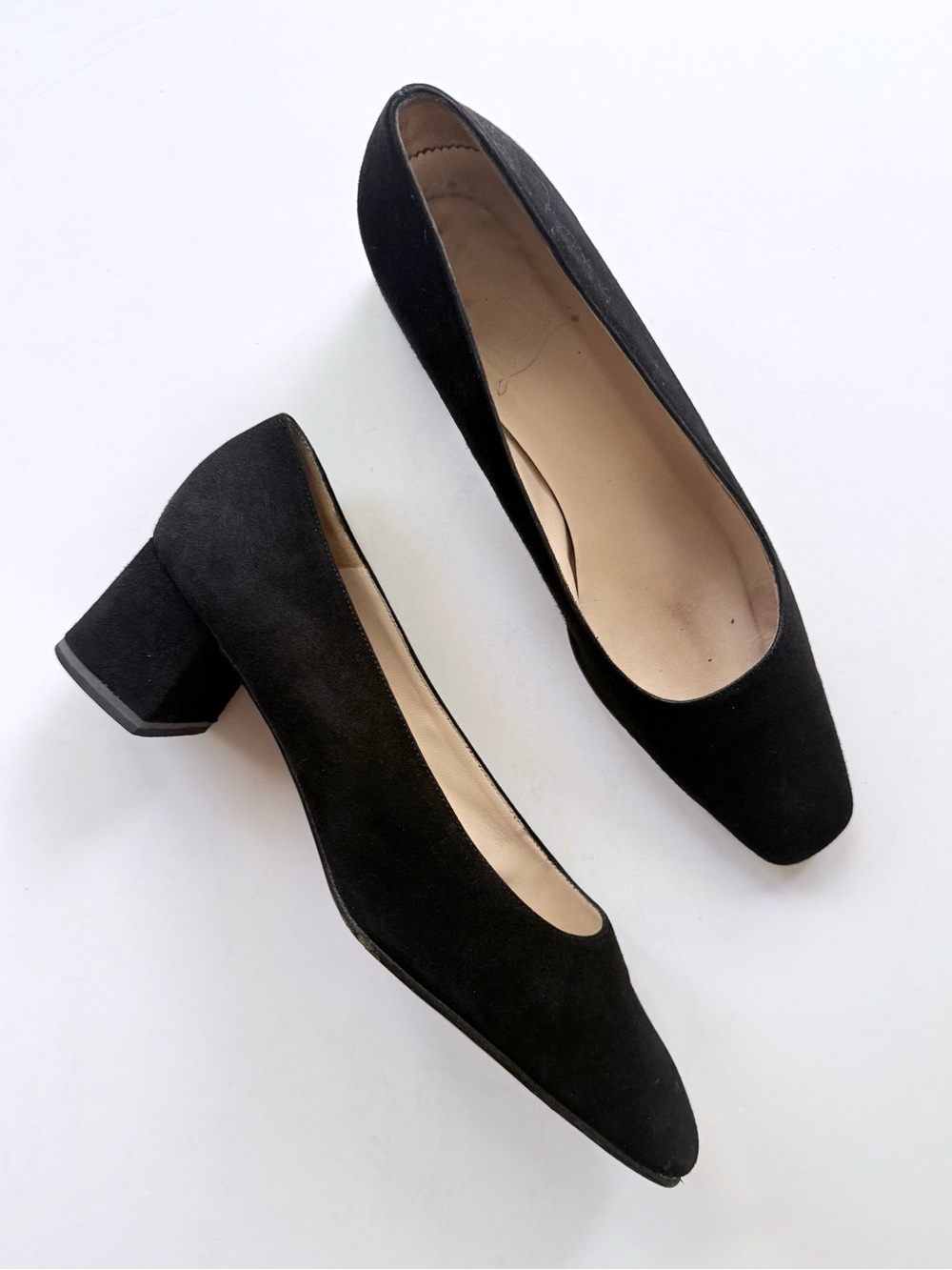 Christian Louboutin Vintage Black Suede Square Toe Low Block Heel Pumps 37